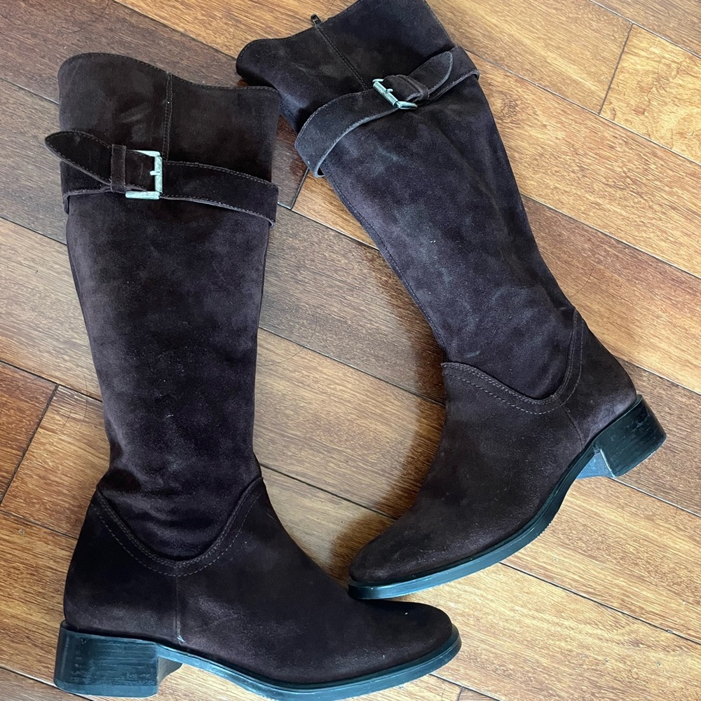 Sundance Women Made in Italy Brown Buckle Suede Knee Boots Sz EUR 37 US 6.5